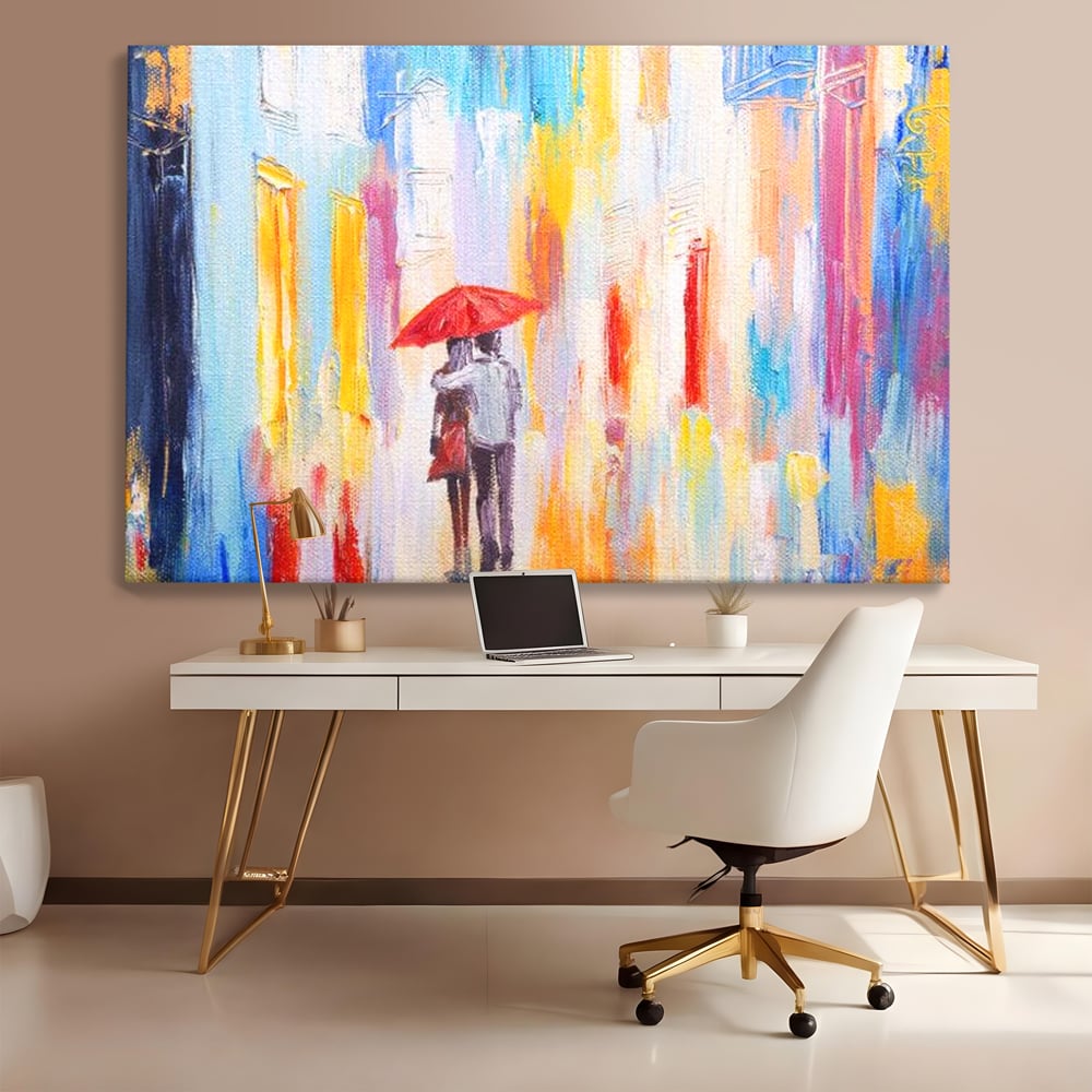 Tablou canvas cu pictura cu un cuplu sub umbrela, fara rama, pe sasiu de lemn, pe perete intr-un birou